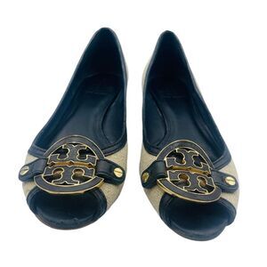 Tory Burch Amanda Open Toe Wedge In Natural/Black 8M